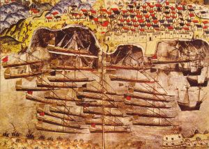 This is actually Barbarossa's Ottoman fleet off Toulon in 1543, almost 100 years after the siege--but the ocean going galleys were probably the kind used at Belgrade, brought up river from the Black Sea.